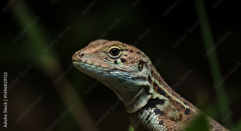 Obraz premium Lizard Portrait in Dark Setting - Close-up of a lizard's head and neck, detailed texture, dark background