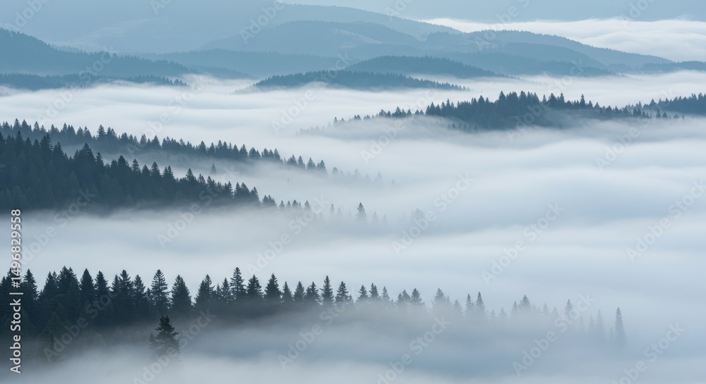 Fototapeta Misty Mountain Forest Landscape - Serene landscape of a misty forest in mountains. Rolling hills shrouded in fog. Peaceful nature scene