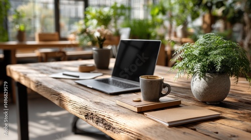 Laptop, coffee, plants, workspace, sunlight, garden, desk, work
