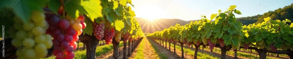 Fototapeta premium Sun-drenched rows of ripe grapes hanging heavy on the vine, ready for harvest at a picturesque winery Lush foliage and a clear blue sky create a idyllic vineyard scene , fall, healthy
