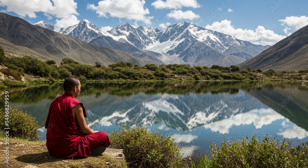 Naklejka premium Monk Contemplating Serenity by Mountain Lake - A serene symbolizing peace, reflection, spirituality, nature, and inner peace. A monk meditates by a tranquil mountain lake