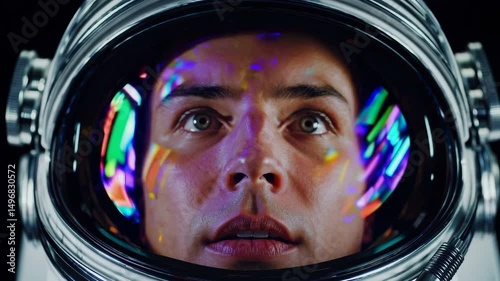 Astronaut Close-Up Inside Helmet – Sci-Fi Loop Animation with Reflective Visor and Color Light Streaks | 4K Cinematic Space
