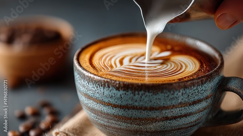 Latte art creation, coffee shop, milk pouring, beans