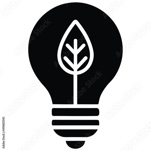 Eco-friendly green energy concept icon with a leaf inside a lightbulb for sustainable innovation.