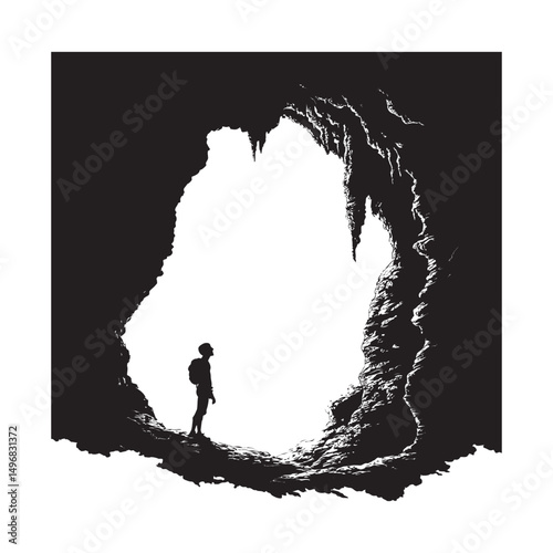 A person spelunking in a dark cave with black silhouette