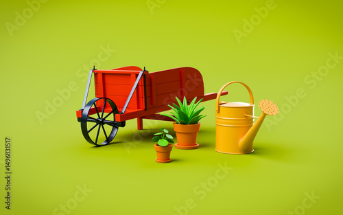 Vintage wheelbarrow, plants in pots, and watering can standing on green background 3d rendering