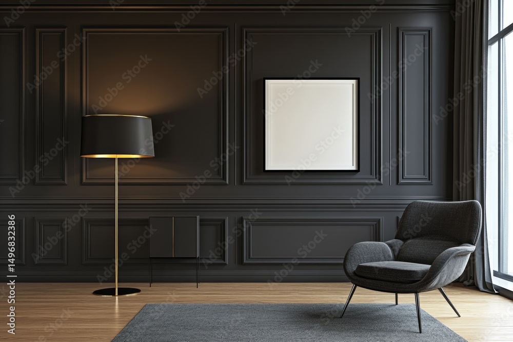 Fototapeta premium The interior of the grey gallery room is equipped with a drawer, decorative touches, and a mockup frame