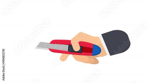Paper Knife. Animation hand holding utility knife, with the alpha channel. Cartoon