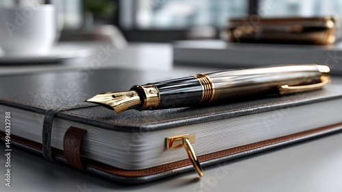 Luxury fountain pen on notebook, office background