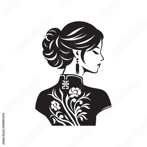 Elegant Cheongsam Qipao Woman Silhouette Vector Design in Classic Chinese Dress with High Collar, Slit Skirt, Graceful Pose and Heels.