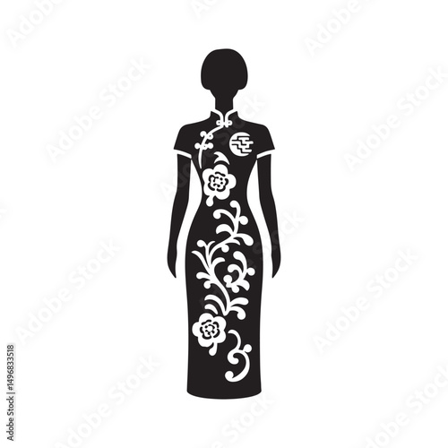 Elegant Cheongsam Qipao Woman Silhouette Vector Design in Classic Chinese Dress with High Collar, Slit Skirt, Graceful Pose and Heels.
