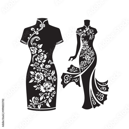 Elegant Cheongsam Qipao Woman Silhouette Vector Design in Classic Chinese Dress with High Collar, Slit Skirt, Graceful Pose and Heels.