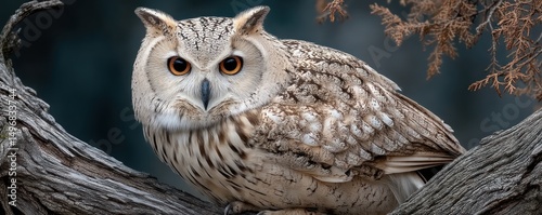 Majestic owl perched on branch, dark background, wildlife photography