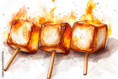 Delicious roasted marshmallows on sticks with a fiery background in a cozy outdoor setting