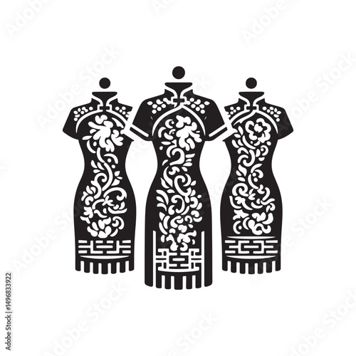 Elegant Cheongsam Qipao Woman Silhouette Vector Design in Classic Chinese Dress with High Collar, Slit Skirt, Graceful Pose and Heels.