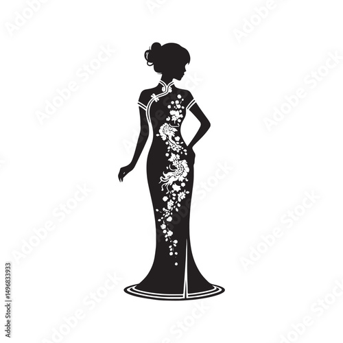 Elegant Cheongsam Qipao Woman Silhouette Vector Design in Classic Chinese Dress with High Collar, Slit Skirt, Graceful Pose and Heels.