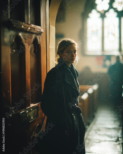 woman stepping outside with tears: woman in a dark coat stepping through church doors into rainy daylight, one tear visible on cheek