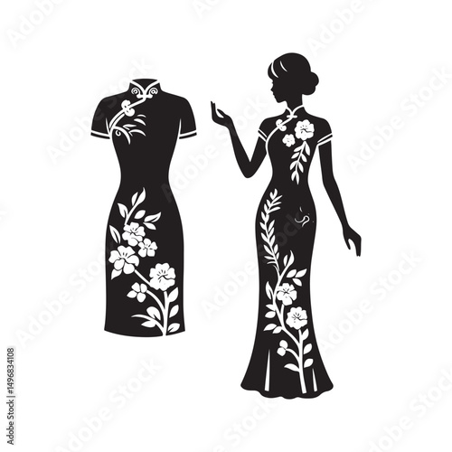 Elegant Cheongsam Qipao Woman Silhouette Vector Design in Classic Chinese Dress with High Collar, Slit Skirt, Graceful Pose and Heels.