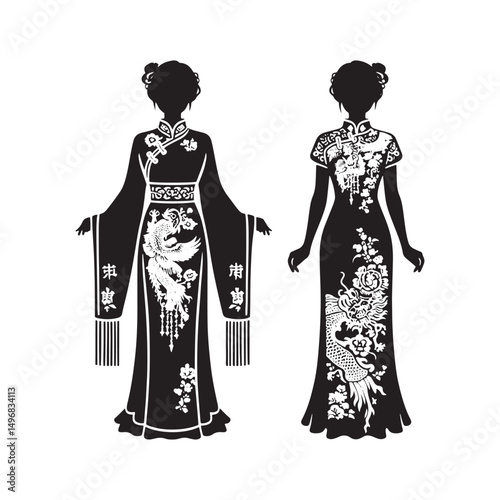 Elegant Cheongsam Qipao Woman Silhouette Vector Design in Classic Chinese Dress with High Collar, Slit Skirt, Graceful Pose and Heels.