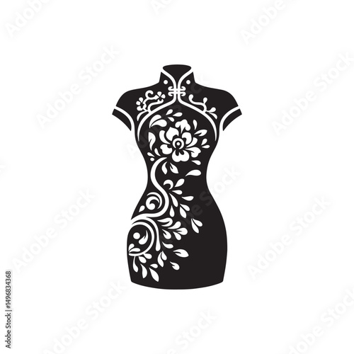 Elegant Cheongsam Qipao Woman Silhouette Vector Design in Classic Chinese Dress with High Collar, Slit Skirt, Graceful Pose and Heels.