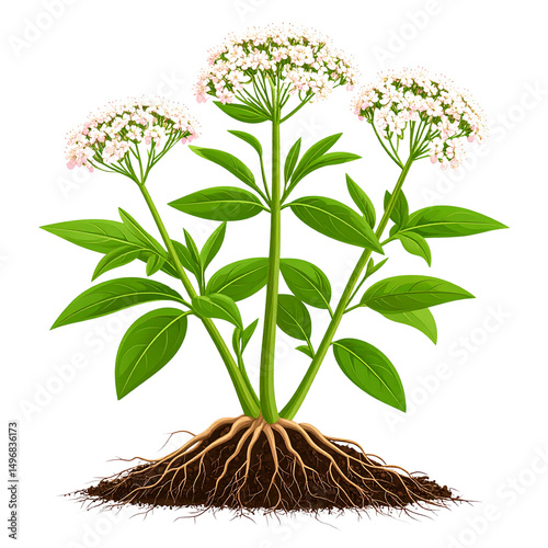 Fresh Valerian Plant with Roots and Leaves, isolated on transparent background PNG