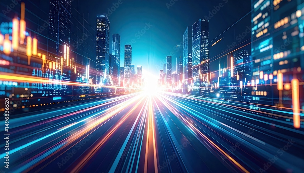 Fototapeta premium Futuristic Cityscape Highway Speed and Technology Converge at Night Light Trails illuminate a modern city at night