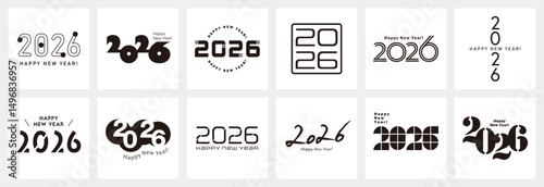  2026年 ハッピーニューイヤー・ロゴセット [モノクロ]