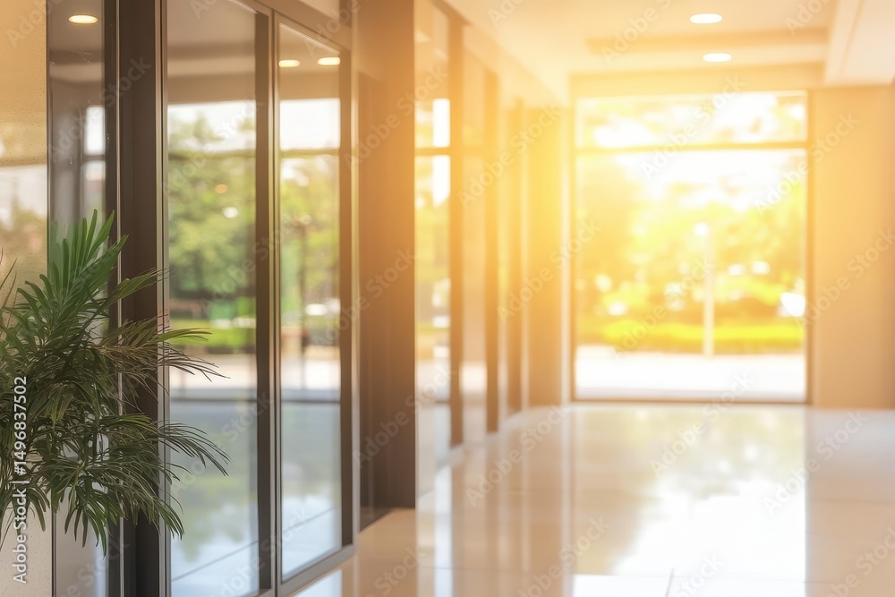Fototapeta premium Sunny office hallway with glass doors and plant