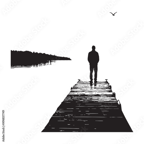 A person standing at the edge of a dock black silhouette