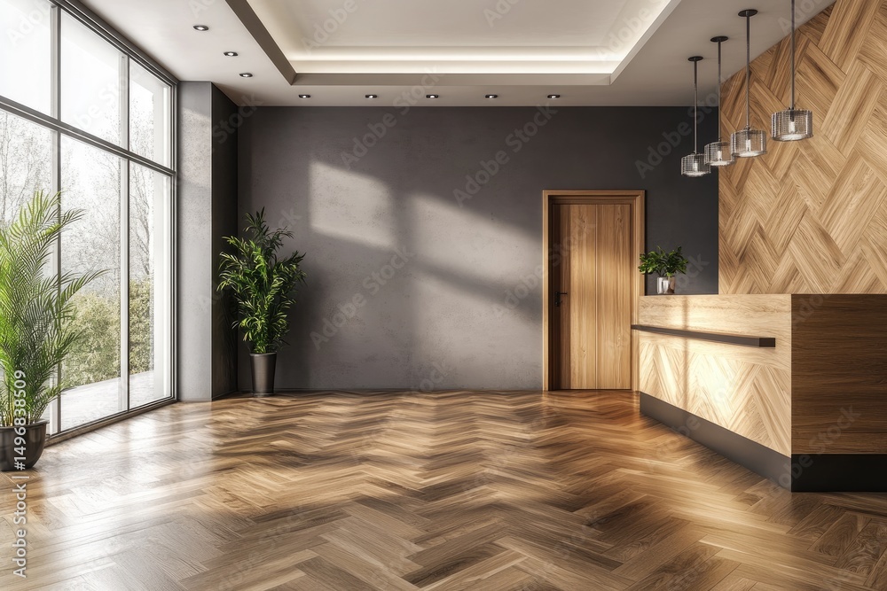 Fototapeta premium Modern hotel lobby with warm wood tones and large windows