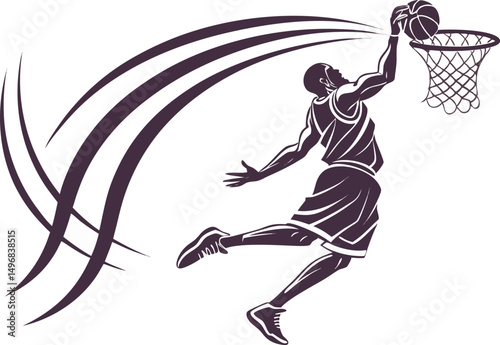 Dynamic basketball player performing a slam dunk in an energetic urban setting during daytime on white background.