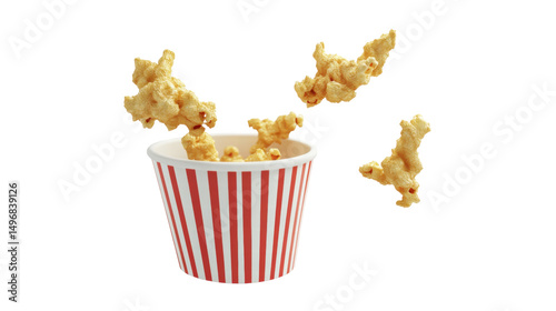 Fluffy popcorn spilling out of striped container against a transparent background