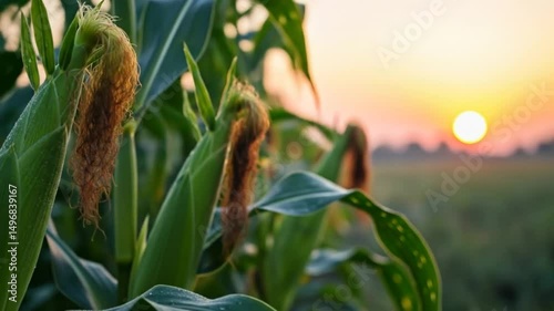 Corn Plant Growing at Sunrise in Farm Field Close Up