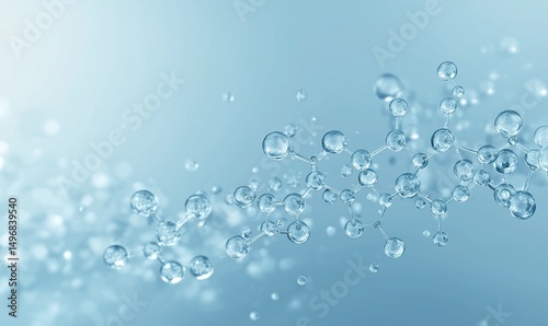 Abstract Light Blue Background with Bubbles and Molecular Structure: Scientific Illustration for Clean Technology and Eco-Friendly Products