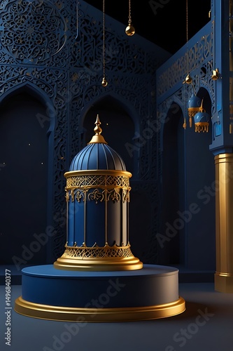 Elegant Blue and Gold Lantern in a Luxurious Islamic Setting