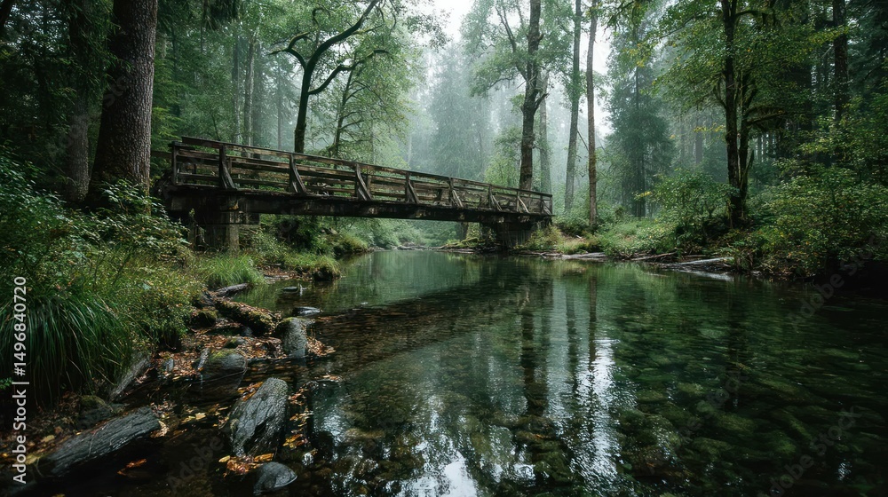 Fototapeta premium Misty forest bridge reflecting in calm river