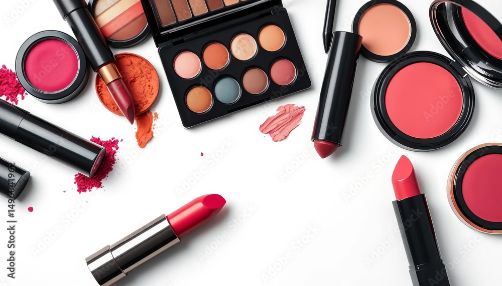 © Chalermrach - Vibrant eyeshadows, lipsticks, blush arranged on white, make-up, display © Chalermrach - Vibrant eyeshadows, lipsticks, blush arranged on white, make-up, display