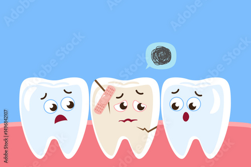 Sick tooth and healthy teeth cartoon characters . Dental health concept . Vector .