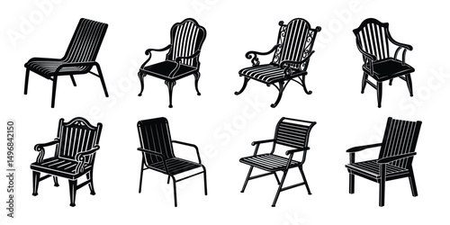 Set of outdoor garden chair silhouette isolated on white background.