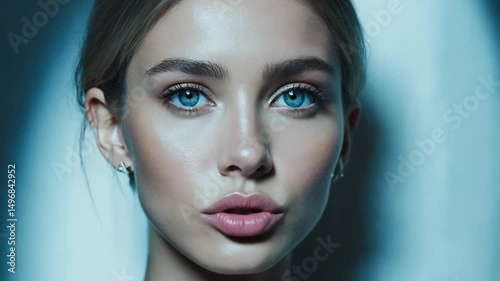 A close-up of a young woman's face, possibly a digital render, with striking blue eyes and clear skin, conveying beauty and technology. Ideal for AI, beauty, and futuristic themes.