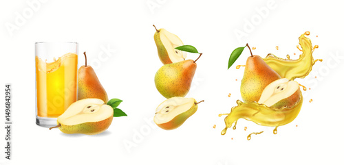 Set of ripe pears isolated on white background. Drinking glass of pear juice, yellow juice splash, fruit summer beverage 3d realistic