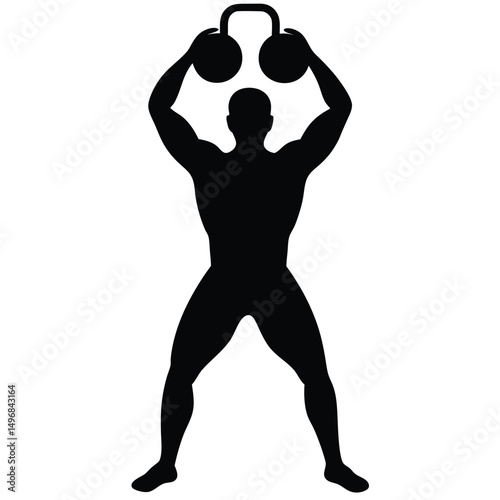 Silhouette of a muscular athlete performing a double kettlebell press for a powerful workout