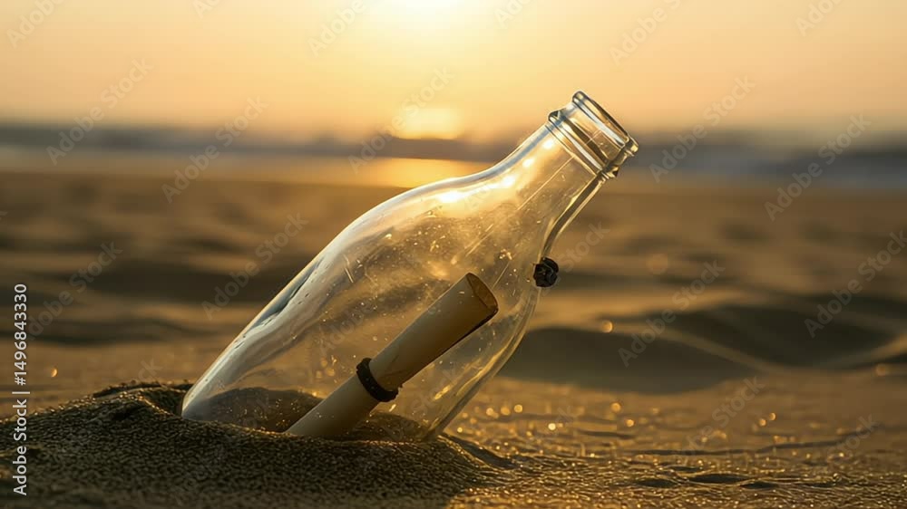 Message in a bottle on a beach at sunset conveys mystery and nostalgia