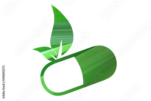 Green capsule with vibrant leaf texture and sprouting leaves symbolizing natural medicine, eco health, and organic supplements on a transparent background. Esg and health icon