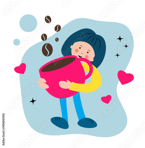 Cute Woman with a cup of coffee on a white background. Espresso, Americano, coffee beans