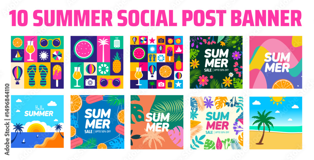 Fototapeta premium Summer Themed Social Media Post Banner. Collection of Abstract, Tropical, and Beach Scenes with SUMMER Text for Seasonal Promotions. summer social media post banner set.