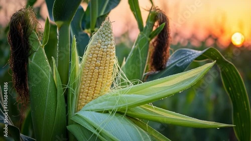 Corn Growing in Field at Sunset Farm Fresh Food