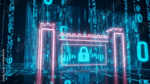 Digital Fortress Constructing with Glowing Lines and Binary Code