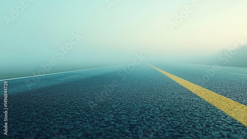 Foggy road disappearing into the mist, symbolizing endless journey.