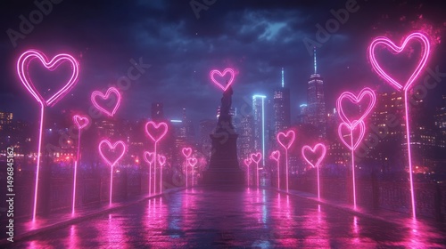 Romantic Cityscape Illumination: Neon Hearts Glow Against Urban Night Backdrop